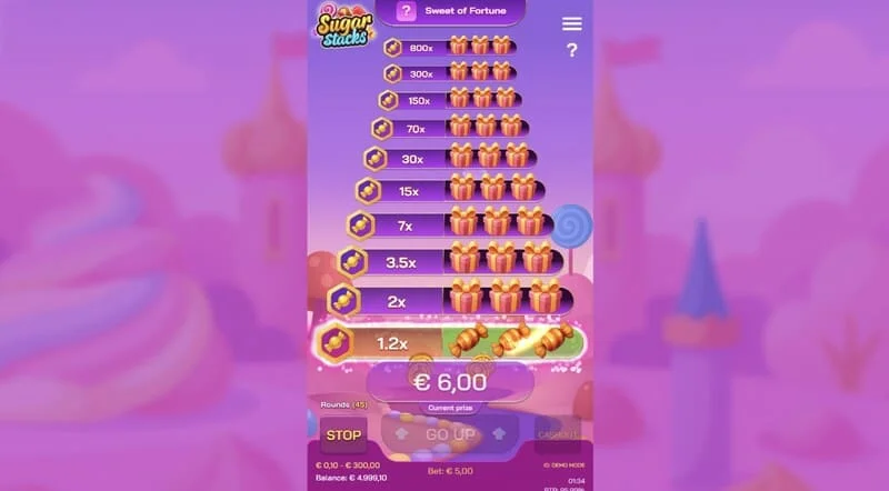 Sugar Stacks - pasul câștigător cu iluminarea etajului curent și contorul multiplicatorului